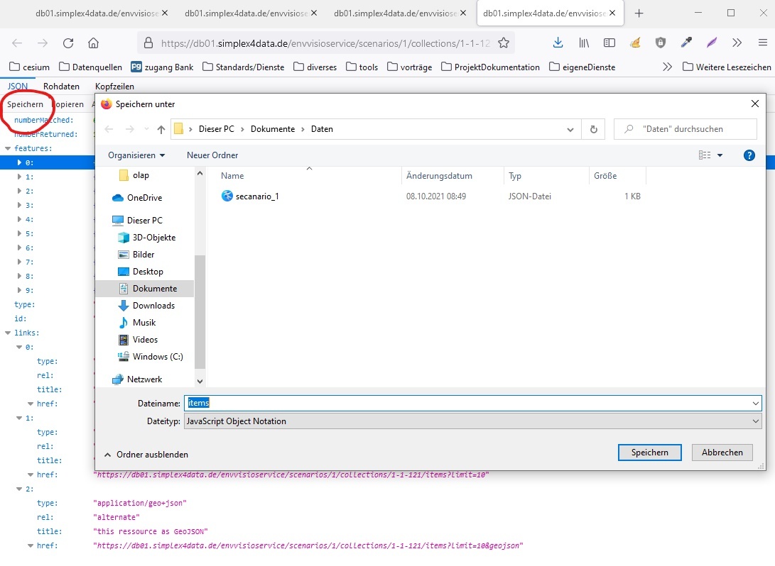 Screenshot, der das Speichern einer Ausgabe des envVisio als JSON-Dokument in Firefox demonstriert